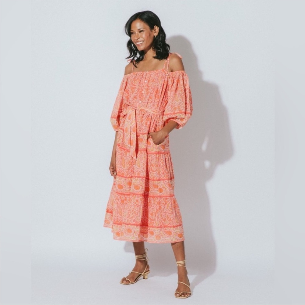 Cleobella The Violet MIDI Dress Orange Blossom Organic Cotton Pockets Size L
